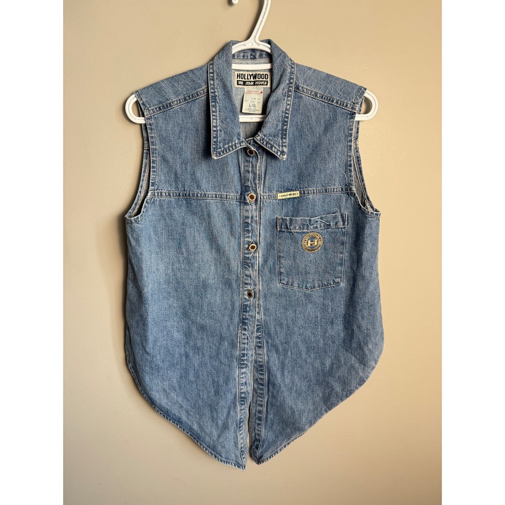 Hollywood The Jean People Womens Blue Denim Vest L Vintage 90s Western Boho